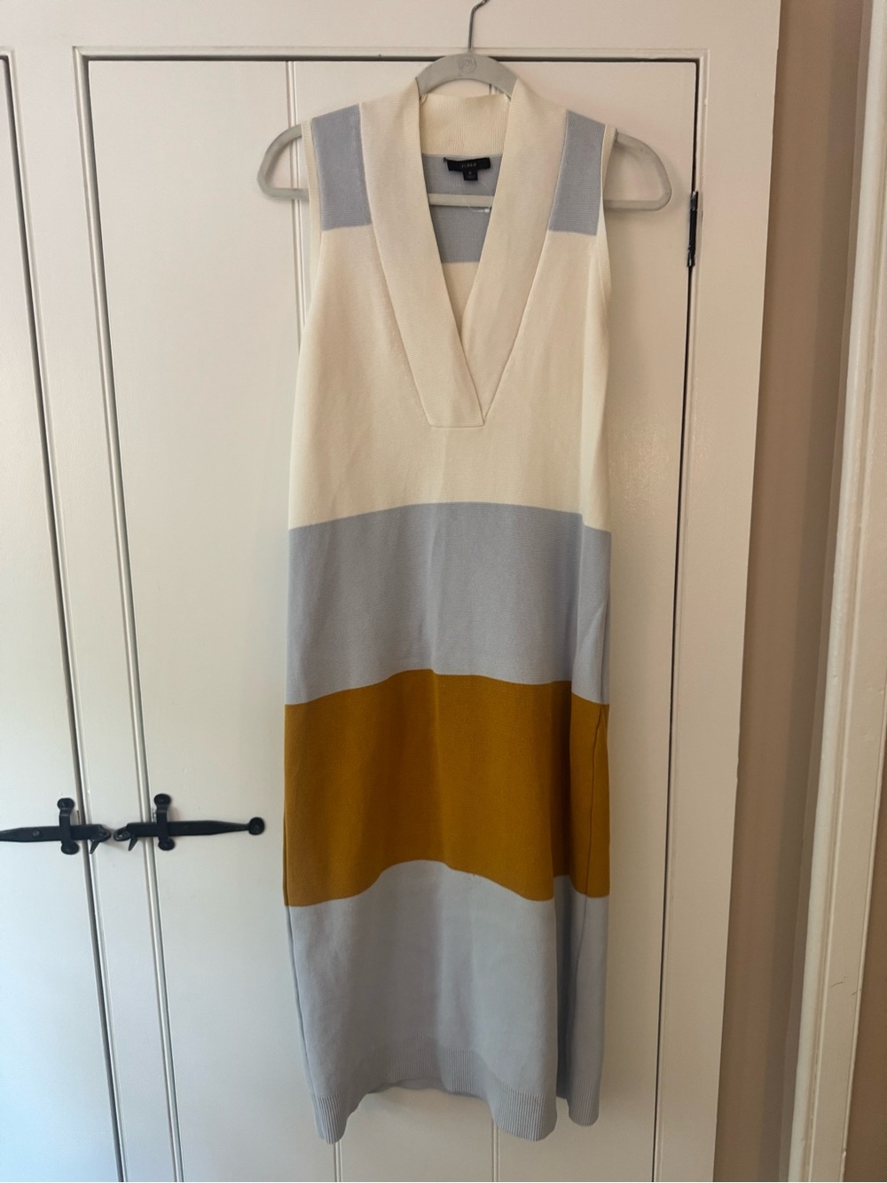 J. Crew Sleeveless V-Neck Colorblock Midi Dress in Cream, Light Blue & Mustard
